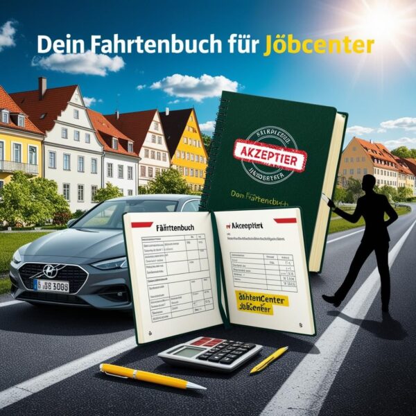 غلاف كتاب Dein Fahrtenbuch für Jobcenter يظهر رجل وسيدة أعمال بجانب سيارة على طريق ألماني، يحملان سجل مشاوير أخضر مقبول من الجوب سنتر