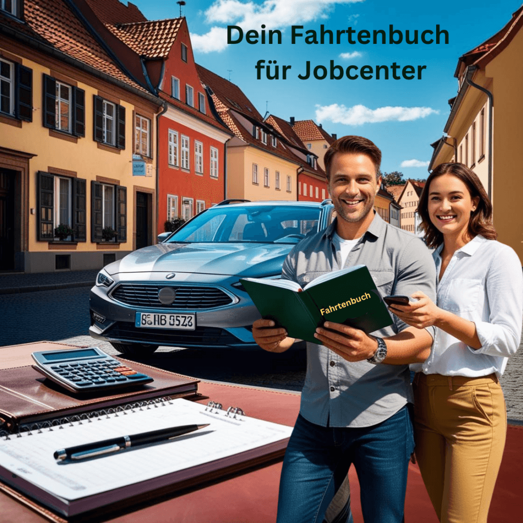 "عامل حر في ألمانيا يقف بجانب سيارته مع Fahrtenbuch مفتوح متوافق مع معايير الجوب سنتر، على طريق ألماني مشمس مع مبانٍ تقليدية."