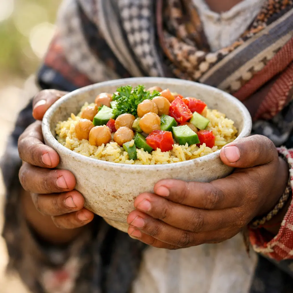 طفل يمني يحمل طعام فرحان به