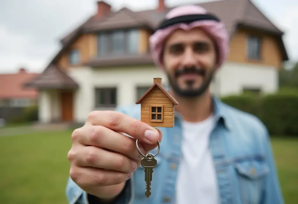 "دليل شراء منزل في ألمانيا، عربي يحمل مفتاح منزل أمام منزل ألماني تقليدي، مع وثائق قرض وتوقيع كاتب عدل — رمز لتملك عقار ناجح في ألمانيا للمقيمين العرب"